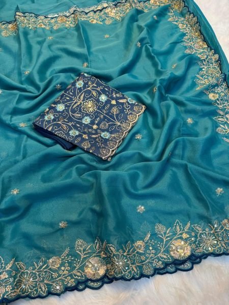 Functional Teal Blue Star Georgette Sequins Work Saree for Wedding Wear at Manufacturer Rate Georgette Sarees Wholesale