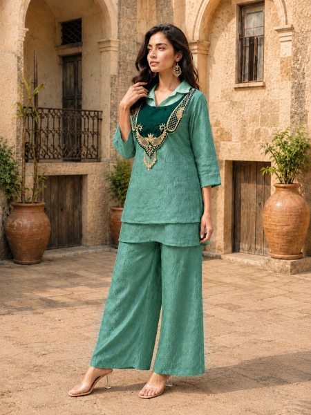 Functional Teal Green Rakhi Special Crunchy Silk Kurti Palazzo Set with Designer Koti