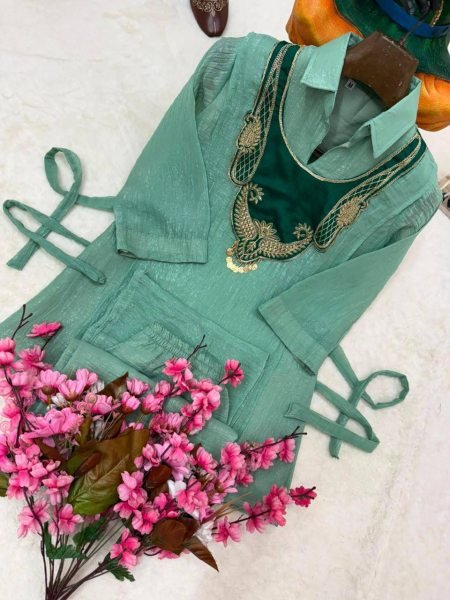 Functional Teal Green Rakhi Special Crunchy Silk Kurti Palazzo Set with Designer Koti CO ORD Sets