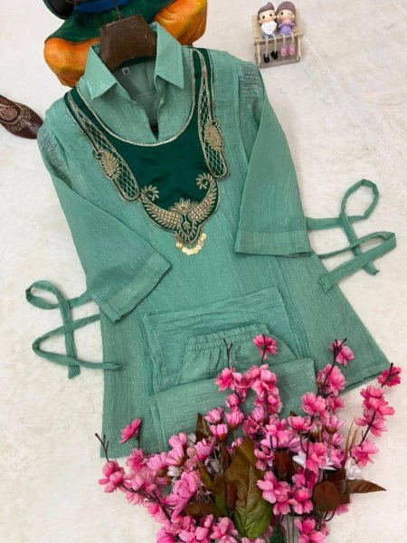 Functional Teal Green Rakhi Special Crunchy Silk Kurti Palazzo Set with Designer Koti CO ORD Sets