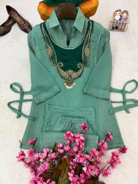 Functional Teal Green Rakhi Special Crunchy Silk Kurti Palazzo Set with Designer Koti CO ORD Sets