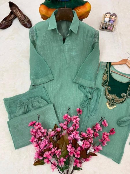 Functional Teal Green Rakhi Special Crunchy Silk Kurti Palazzo Set with Designer Koti CO ORD Sets