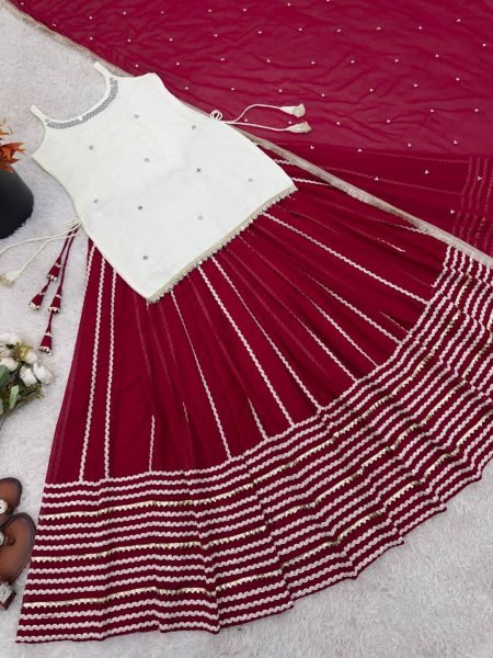 Functional White Fendy Silk Top And Georgette Lehenga Using Lace Work For Function Ready To Wear Collection