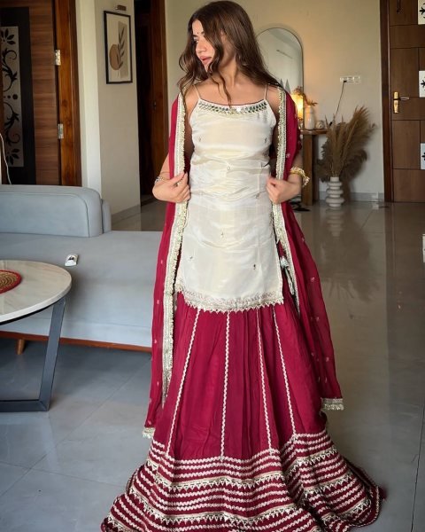 Functional White Fendy Silk Top And Georgette Lehenga Using Lace Work For Function Ready To Wear Collection
