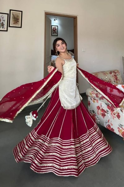 Functional White Fendy Silk Top And Georgette Lehenga Using Lace Work For Function Ready To Wear Collection
