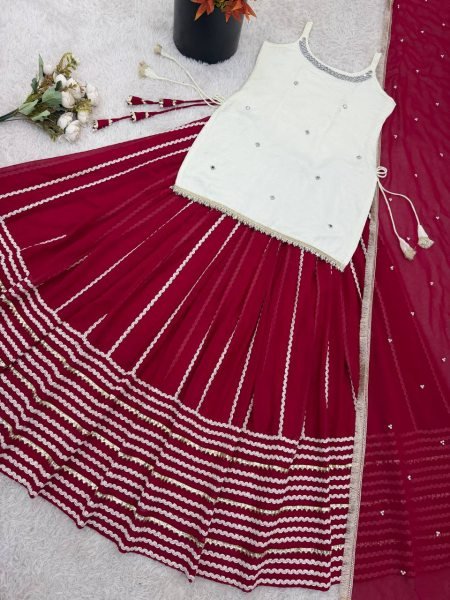 Functional White Fendy Silk Top And Georgette Lehenga Using Lace Work For Function Ready To Wear Collection