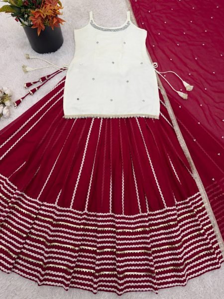 Functional White Fendy Silk Top And Georgette Lehenga Using Lace Work For Function Ready To Wear Collection