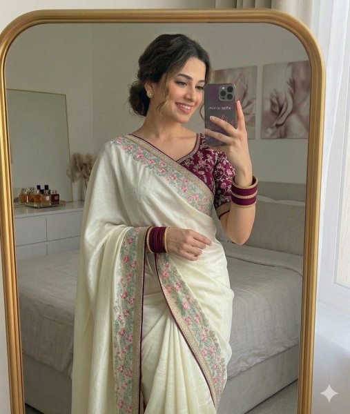 Functional White Floral Saree with Embroidered Blouse for Women Silk Sarees Wholesale