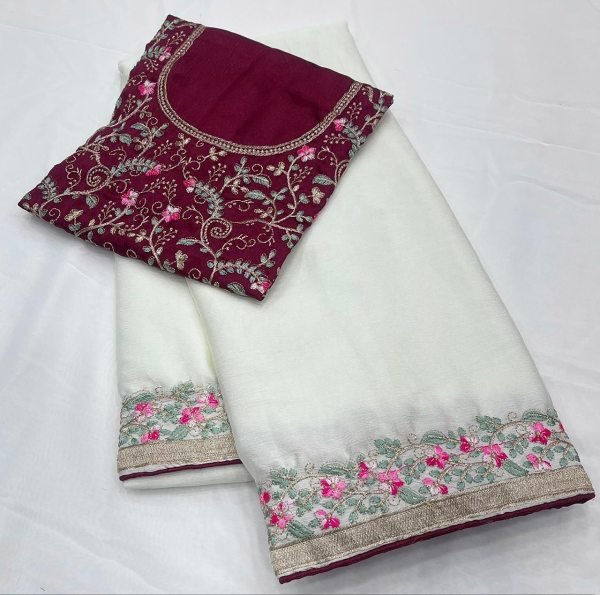 Functional White Floral Saree with Embroidered Blouse for Women Silk Sarees Wholesale