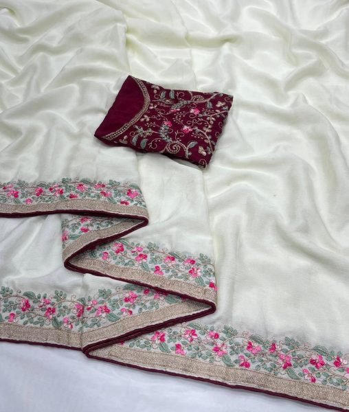 Functional White Floral Saree with Embroidered Blouse for Women Silk Sarees Wholesale