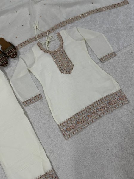White Heavy Crunchy Silk Embroidered Top Palazzo Dupatta Set for Functions Ready To Wear Collection