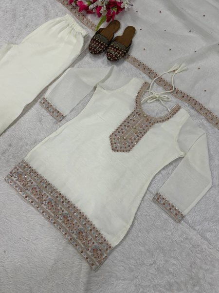 White Heavy Crunchy Silk Embroidered Top Palazzo Dupatta Set for Functions Ready To Wear Collection