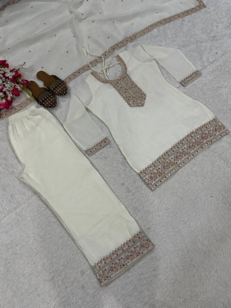 White Heavy Crunchy Silk Embroidered Top Palazzo Dupatta Set for Functions Ready To Wear Collection