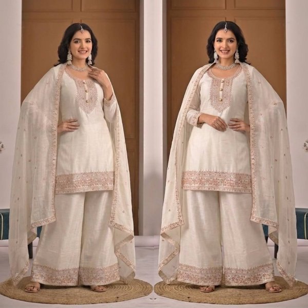 White Heavy Crunchy Silk Embroidered Top Palazzo Dupatta Set for Functions Ready To Wear Collection