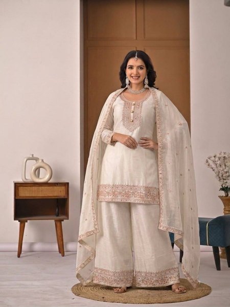 White Heavy Crunchy Silk Embroidered Top Palazzo Dupatta Set for Functions Ready To Wear Collection