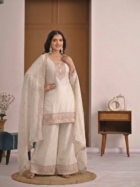 White Heavy Crunchy Silk Embroidered Top Palazzo Dupatta Set for Functions Ready To Wear Collection