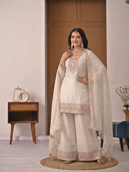 White Heavy Crunchy Silk Embroidered Top Palazzo Dupatta Set for Functions Ready To Wear Collection