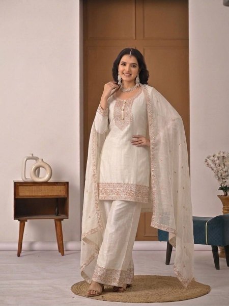 White Heavy Crunchy Silk Embroidered Top Palazzo Dupatta Set for Functions Ready To Wear Collection