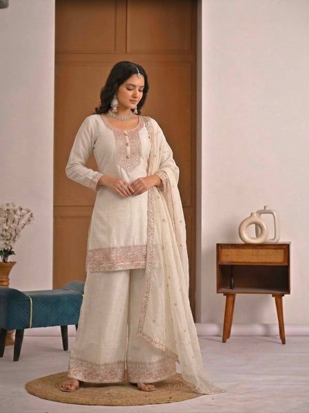 White Heavy Crunchy Silk Embroidered Top Palazzo Dupatta Set for Functions Ready To Wear Collection