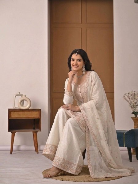 White Heavy Crunchy Silk Embroidered Top Palazzo Dupatta Set for Functions Ready To Wear Collection