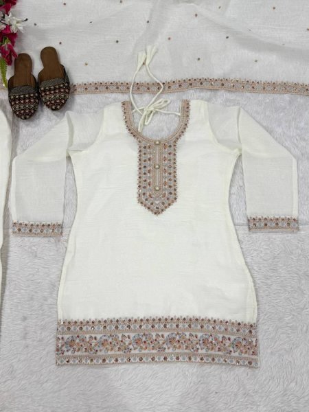 White Heavy Crunchy Silk Embroidered Top Palazzo Dupatta Set for Functions Ready To Wear Collection