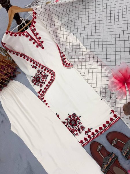 Functional White Satin Rayon Kurti Plazzo Set with Embroidery Work for Women Ready To Wear Collection