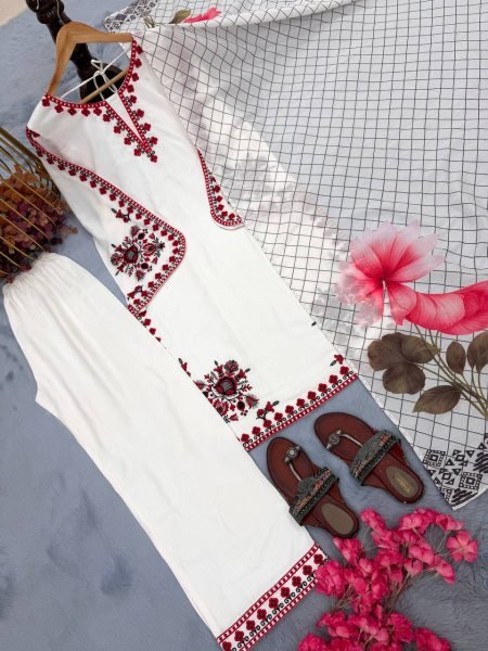 Functional White Satin Rayon Kurti Plazzo Set with Embroidery Work for Women Ready To Wear Collection