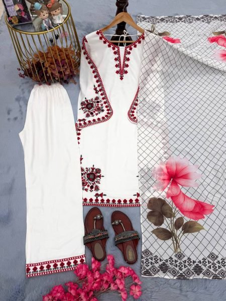 Functional White Satin Rayon Kurti Plazzo Set with Embroidery Work for Women Ready To Wear Collection