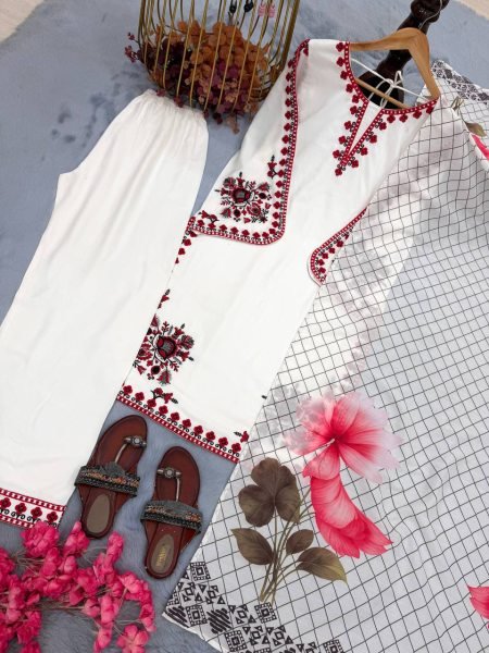 Functional White Satin Rayon Kurti Plazzo Set with Embroidery Work for Women Ready To Wear Collection