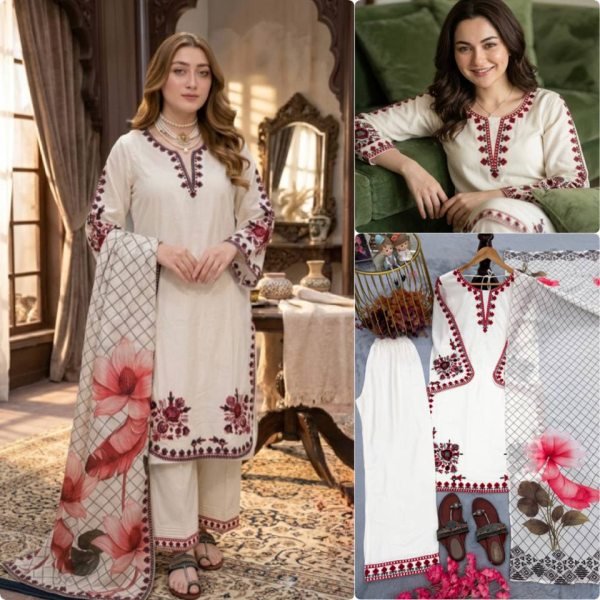 Functional White Satin Rayon Kurti Plazzo Set with Embroidery Work for Women Ready To Wear Collection