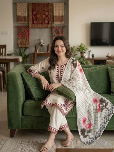 Functional White Satin Rayon Kurti Plazzo Set with Embroidery Work for Women Ready To Wear Collection