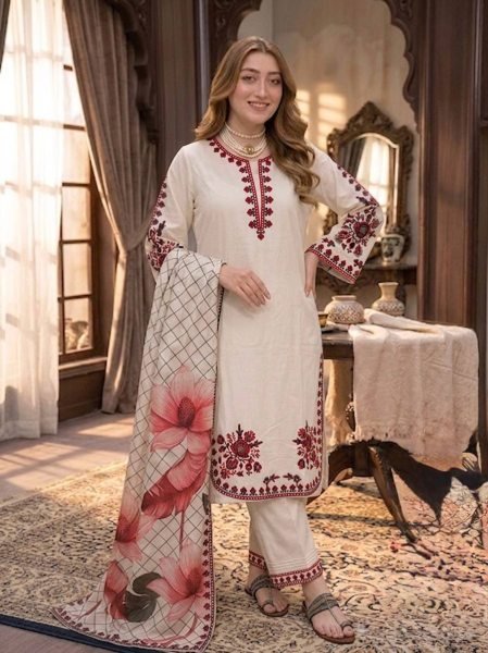 Functional White Satin Rayon Kurti Plazzo Set with Embroidery Work for Women Ready To Wear Collection