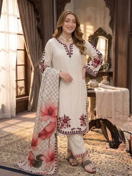 Functional White Satin Rayon Kurti Plazzo Set with Embroidery Work for Women Ready To Wear Collection