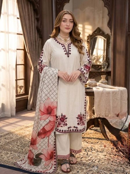 Functional White Satin Rayon Kurti Plazzo Set with Embroidery Work for Women Ready To Wear Collection
