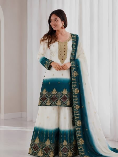 Functional White Teal Green Ready to Wear Dual Tone Star Georgette Top Palazzo Dupatta Set 