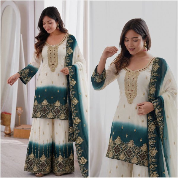 Functional White Teal Green Ready to Wear Dual Tone Star Georgette Top Palazzo Dupatta Set Ready To Wear Collection