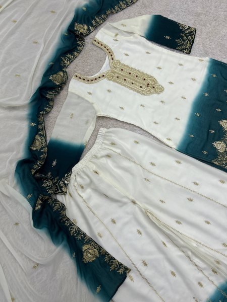 Functional White Teal Green Ready to Wear Dual Tone Star Georgette Top Palazzo Dupatta Set Ready To Wear Collection