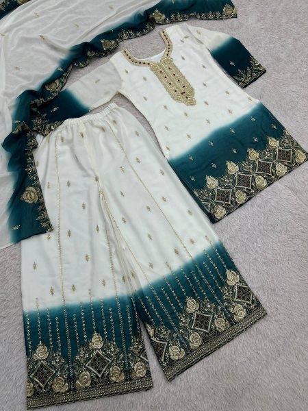Functional White Teal Green Ready to Wear Dual Tone Star Georgette Top Palazzo Dupatta Set Ready To Wear Collection