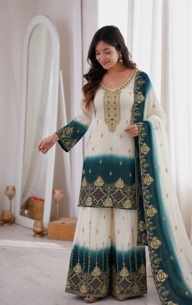 Functional White Teal Green Ready to Wear Dual Tone Star Georgette Top Palazzo Dupatta Set Ready To Wear Collection