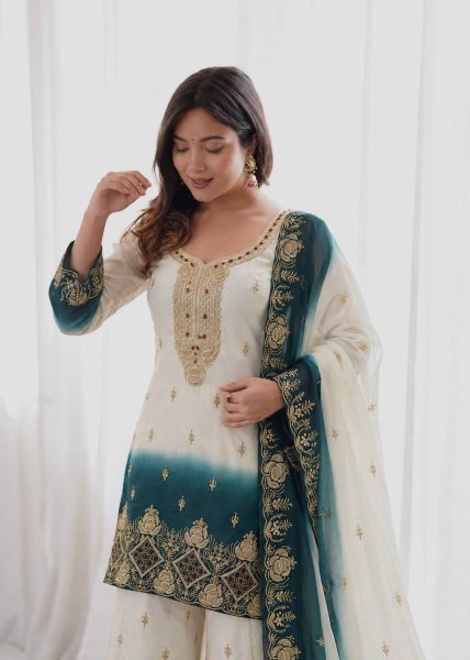 Functional White Teal Green Ready to Wear Dual Tone Star Georgette Top Palazzo Dupatta Set Ready To Wear Collection