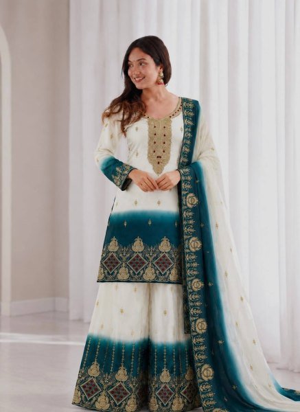 Functional White Teal Green Ready to Wear Dual Tone Star Georgette Top Palazzo Dupatta Set Ready To Wear Collection
