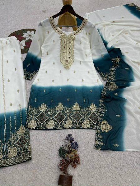 Functional White Teal Green Ready to Wear Dual Tone Star Georgette Top Palazzo Dupatta Set Ready To Wear Collection