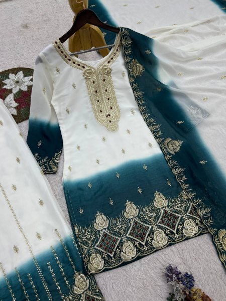 Functional White Teal Green Ready to Wear Dual Tone Star Georgette Top Palazzo Dupatta Set Ready To Wear Collection