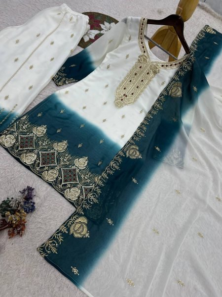 Functional White Teal Green Ready to Wear Dual Tone Star Georgette Top Palazzo Dupatta Set Ready To Wear Collection