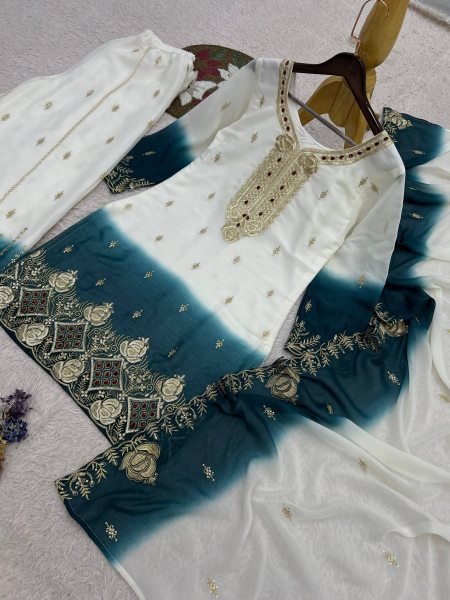 Functional White Teal Green Ready to Wear Dual Tone Star Georgette Top Palazzo Dupatta Set Ready To Wear Collection