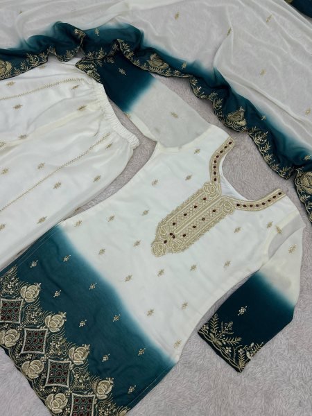 Functional White Teal Green Ready to Wear Dual Tone Star Georgette Top Palazzo Dupatta Set Ready To Wear Collection