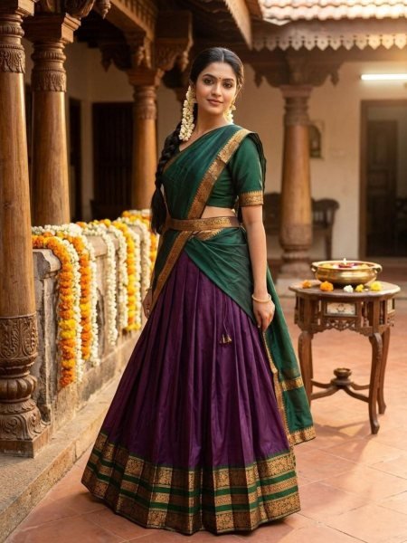 Functional Wine Cotton Silk South Indian Half Saree with Zari Border for Weddings 