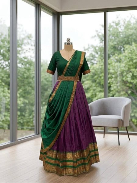 Functional Wine Cotton Silk South Indian Half Saree with Zari Border for Weddings Half Saree Lehenga