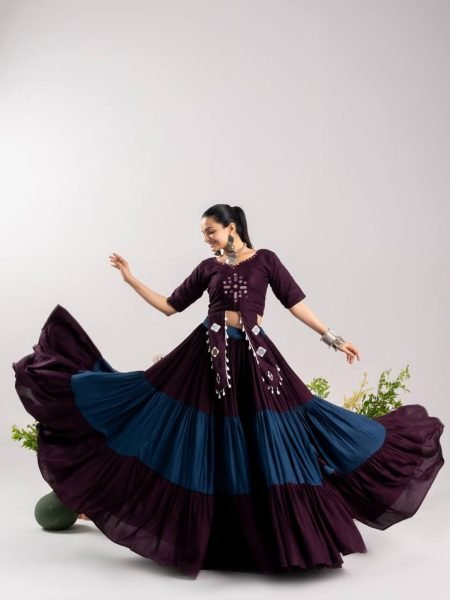 Functional Wine Navratri Lehenga Choli with 12 Meter Flair and Real Mirror Work 
