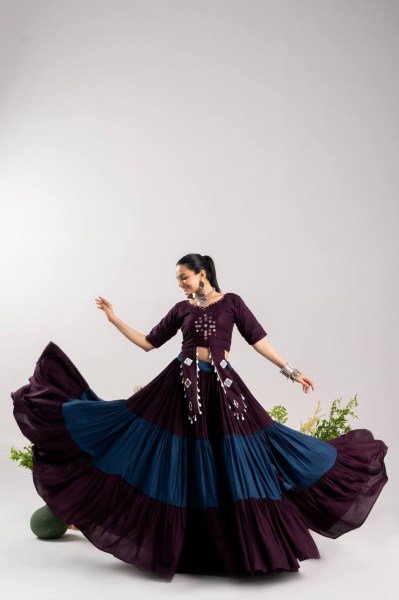 Functional Wine Navratri Lehenga Choli with 12 Meter Flair and Real Mirror Work Navratri Lehnega Choli